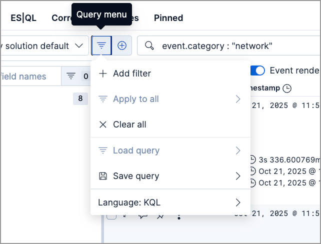 timeline ui filter options