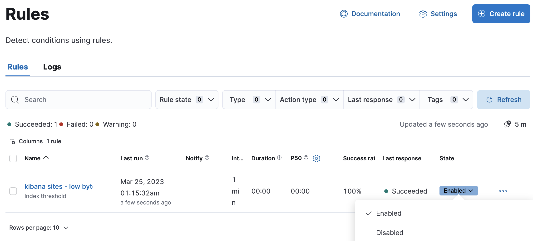 Use the rule status dropdown to enable or disable an individual rule Use the rule status dropdown to enable or disable an individual rule