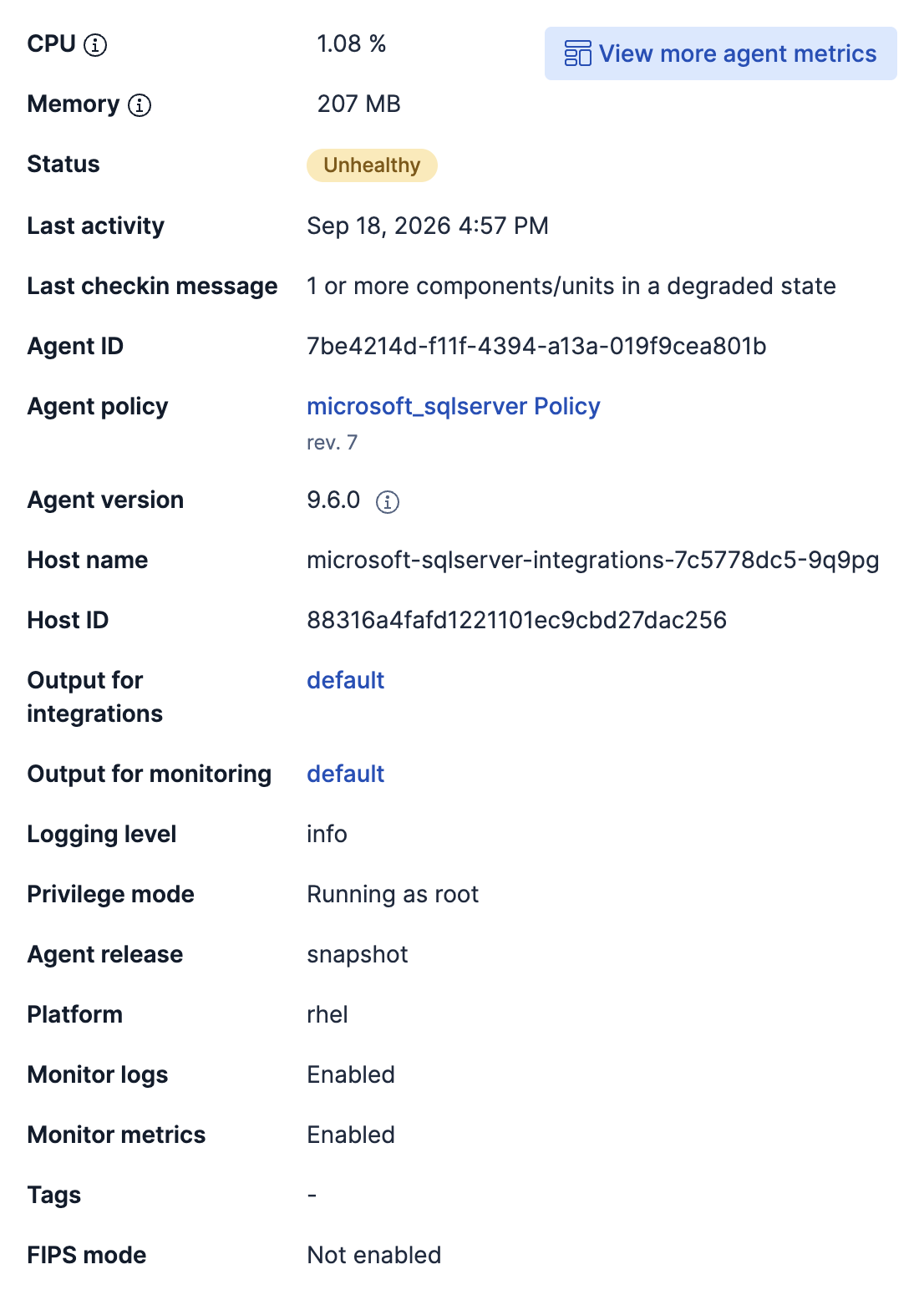 Agent details Overview section with resource usage, status, policy, outputs, and monitoring settings