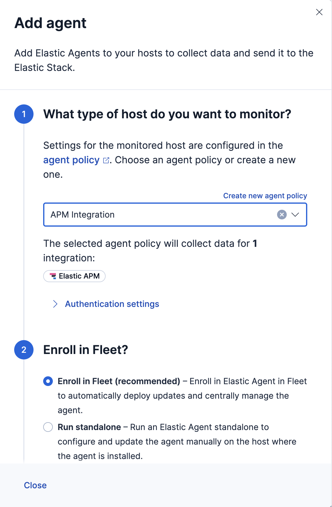 Add agent flyout showing agent policy selection and enrollment steps