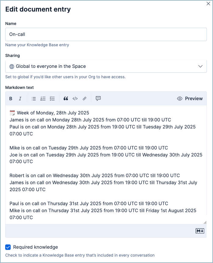 Knowledge base's Edit document entry menu showing a snippet of an on call rotation document