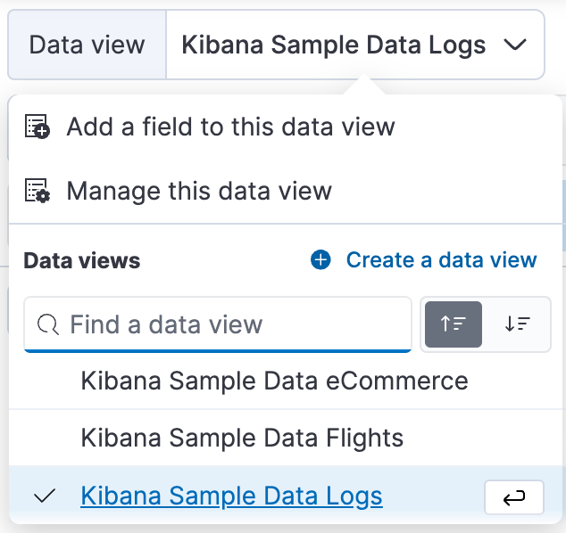 Data view menu in Discover, with the current data view selected