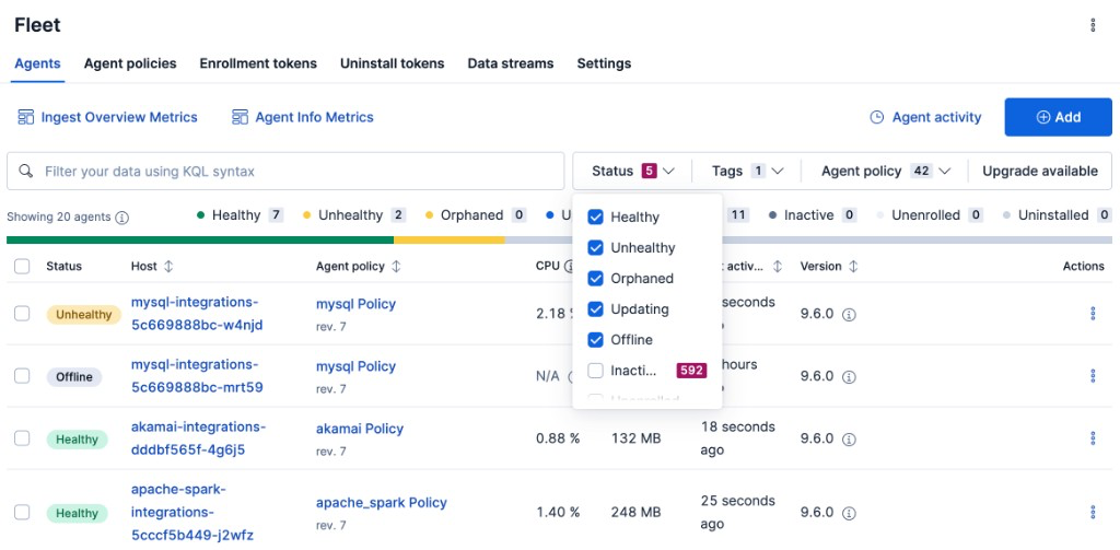 Agent Status dropdown with multiple statuses selected