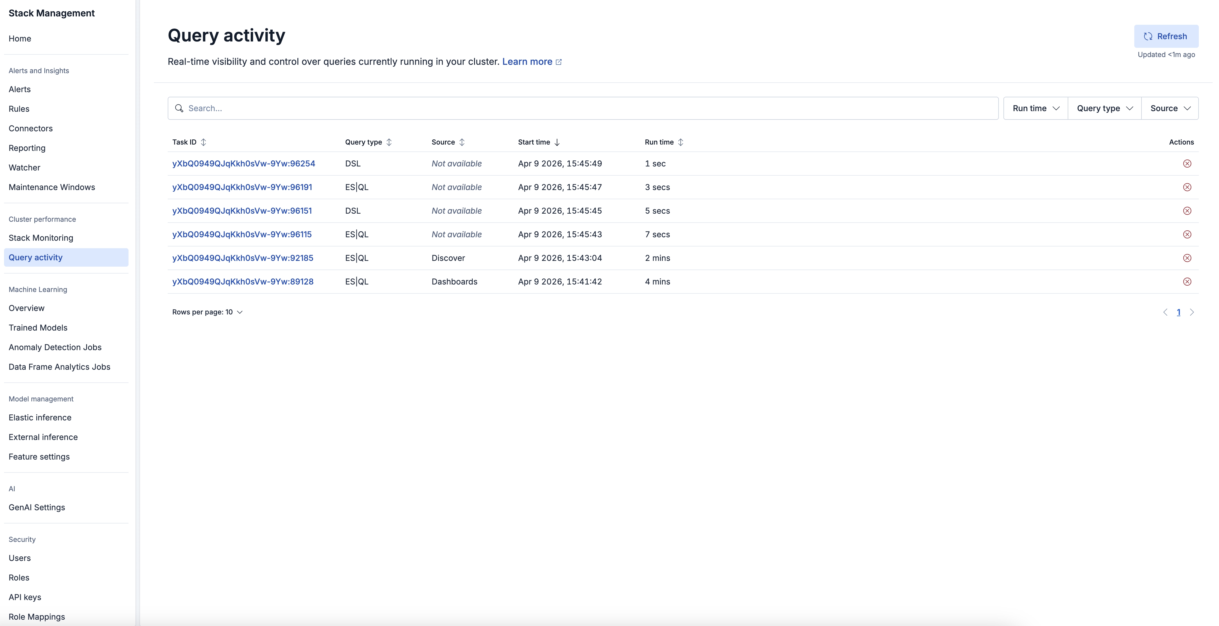 The Query activity page showing a list of running queries with their task ID, query type, source, start time, and run time