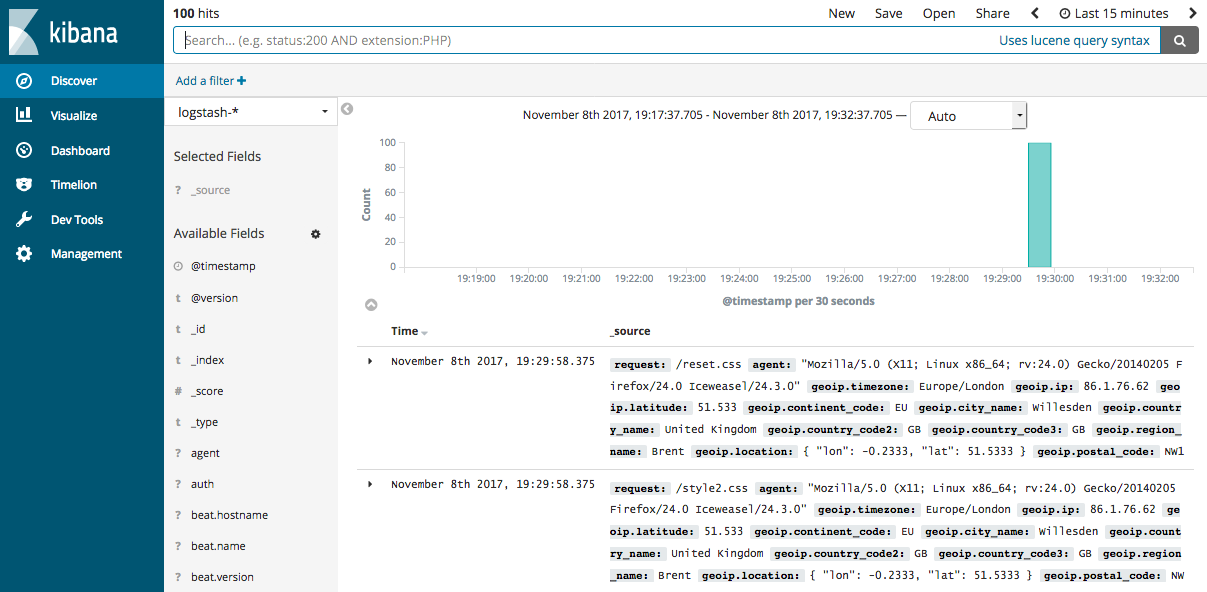 Discovering Filebeat data in Kibana Discovering Filebeat data in Kibana