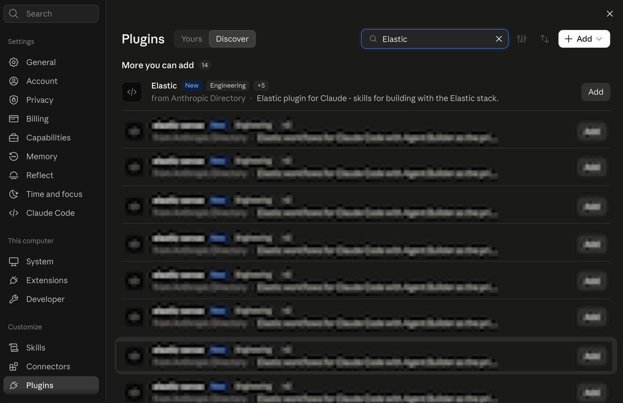 The Claude settings panel with Plugins selected in the sidebar, showing the Discover tab with a search for Elastic. The Elastic plugin appears as the top result with an Add button.