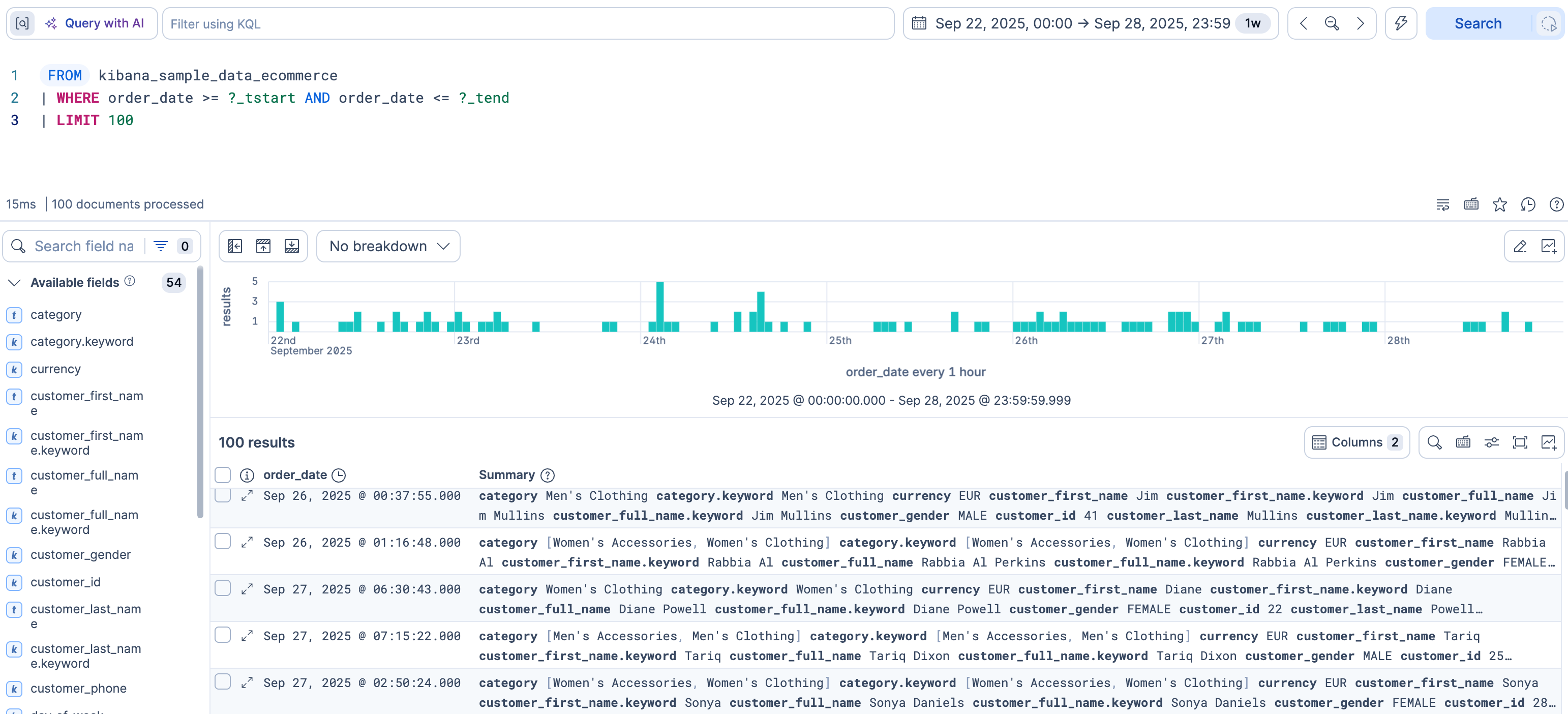 The eCommerce sample with order_date named as the time field. The time filter and the chart are available.