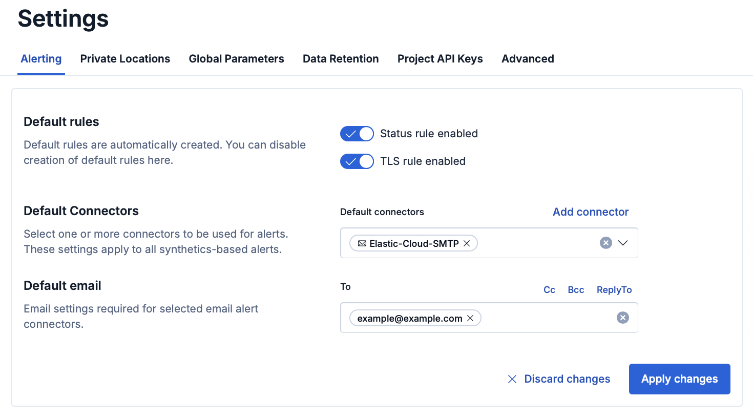 Alerting tab on the Synthetics Settings page in Kibana