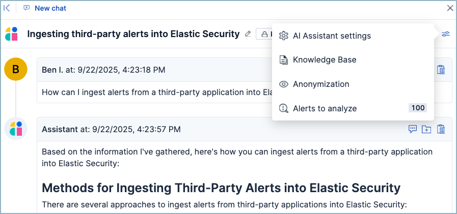 AI Assistant's settings popover