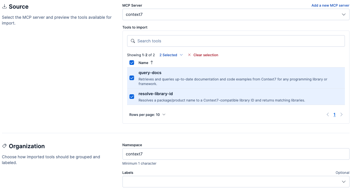Example configuration for bulk importing MCP tools from the Context7 MCP server.