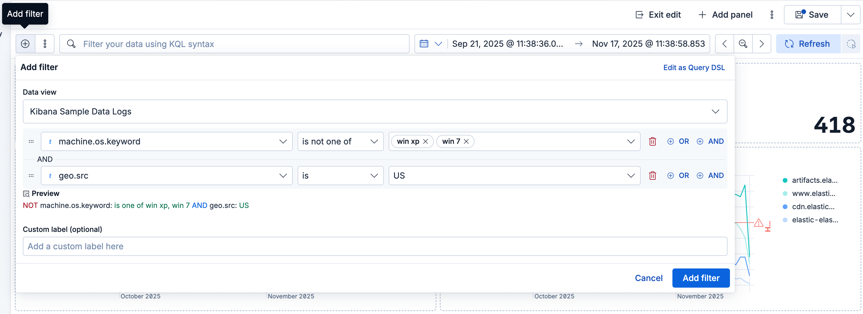 Filter editor with 2 conditions