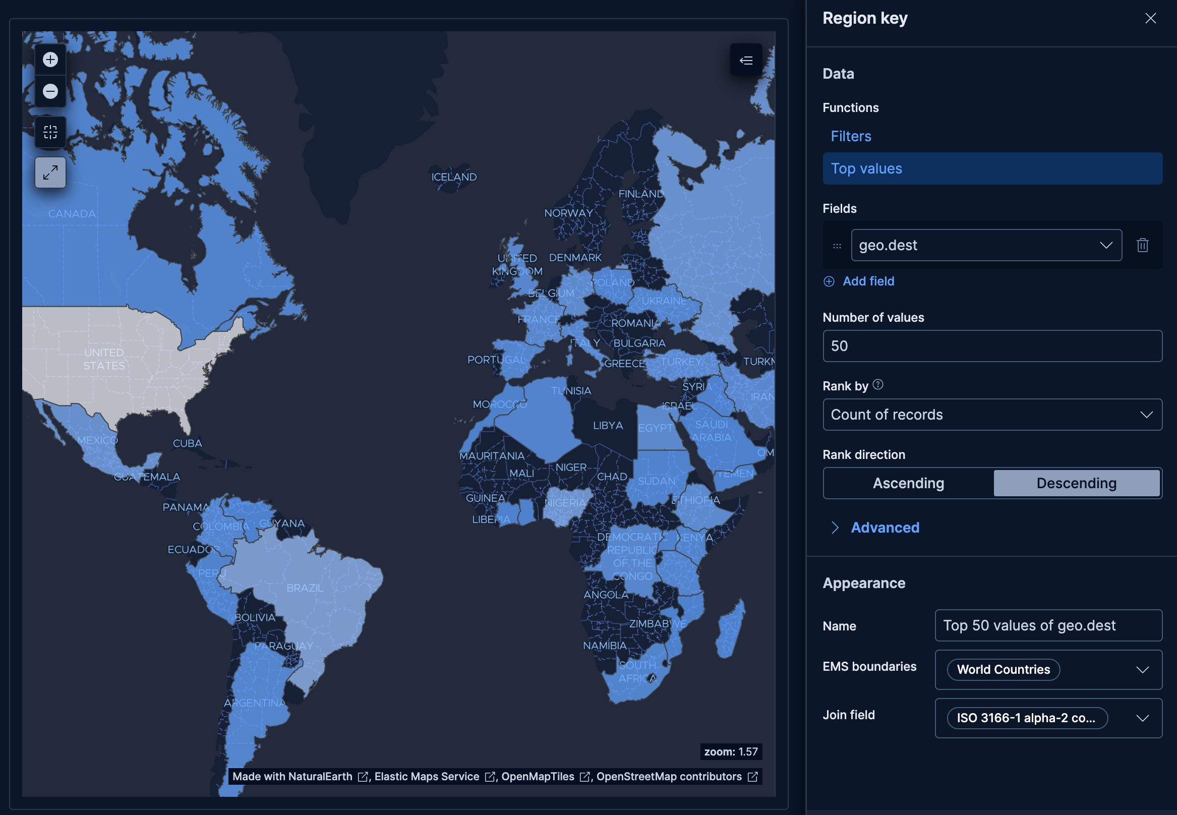 Region map showing website traffic by destination country