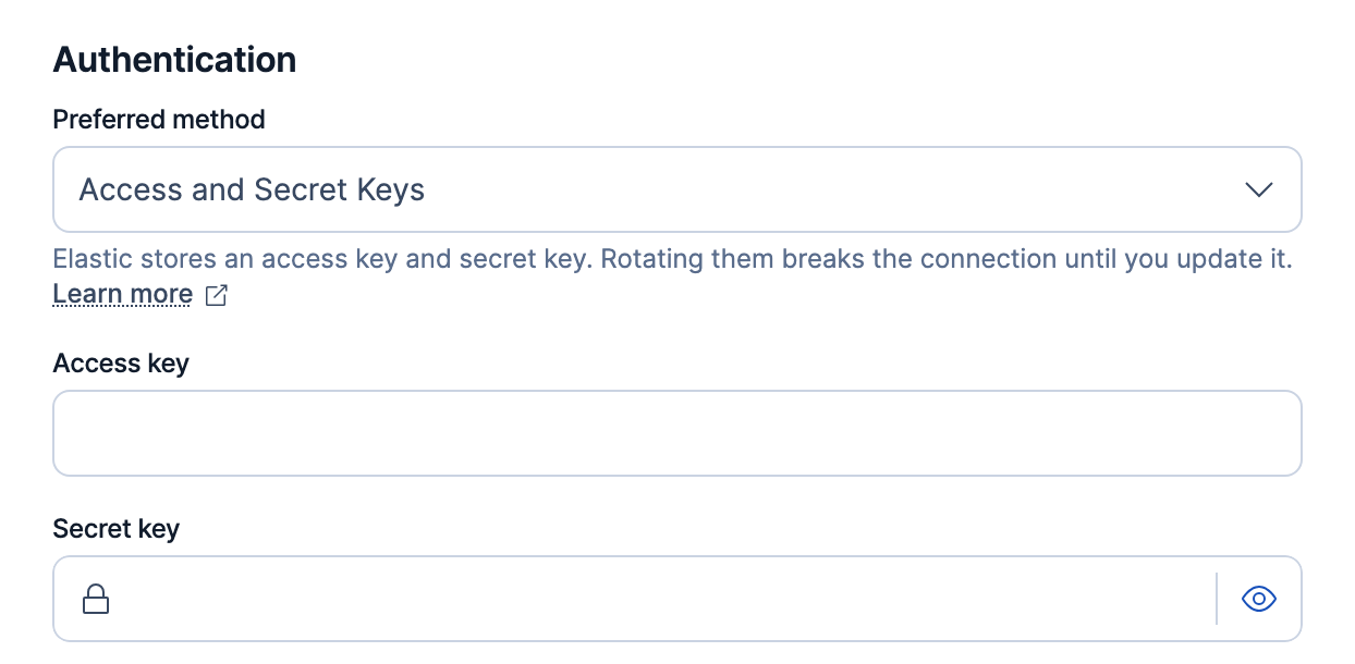 The Authentication section of the Connect external data source flyout with Access and Secret Keys selected, showing the Access key and Secret key fields