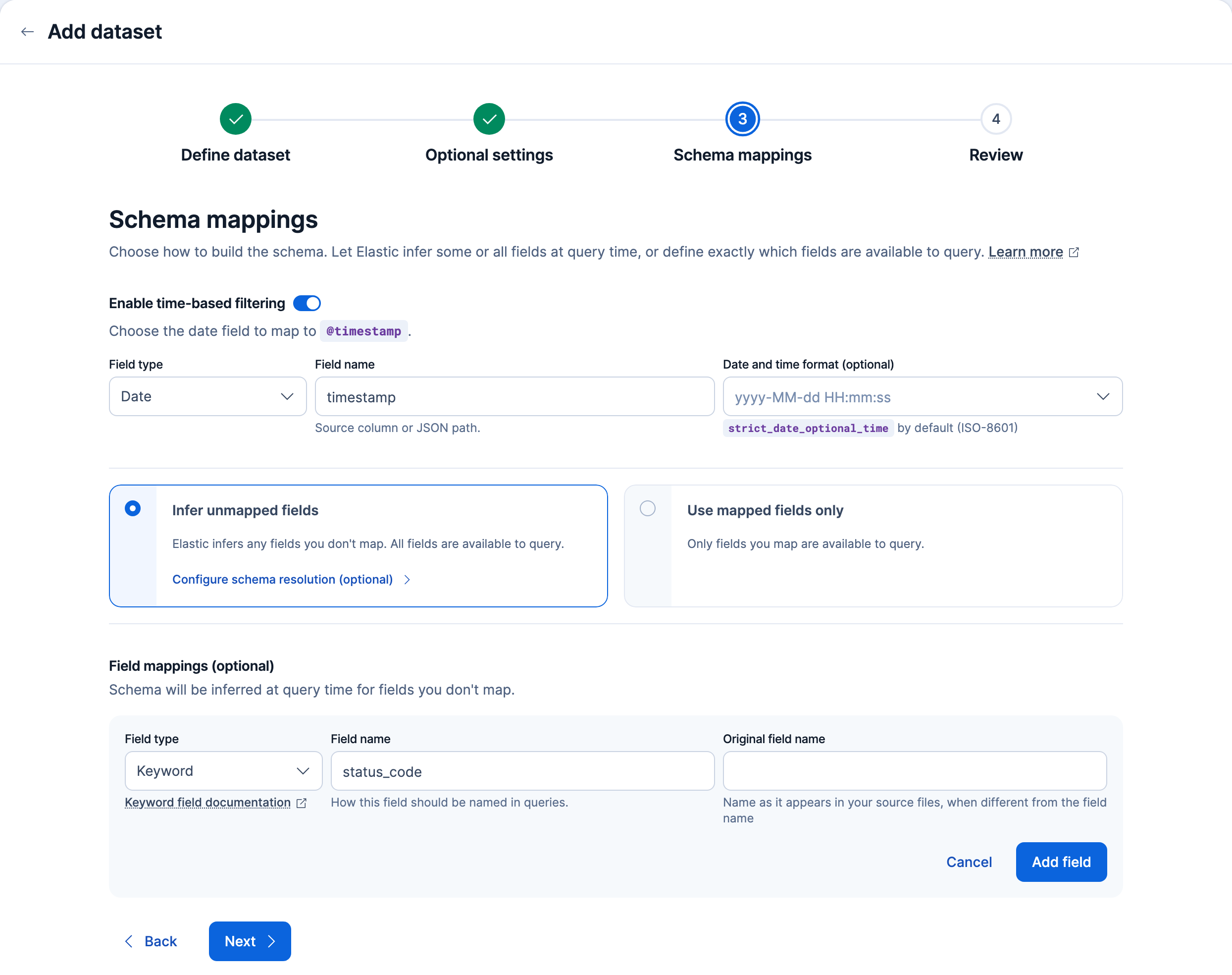 The Schema mappings step with time-based filtering mapped to a timestamp column and the Add field form open for a status_code keyword field