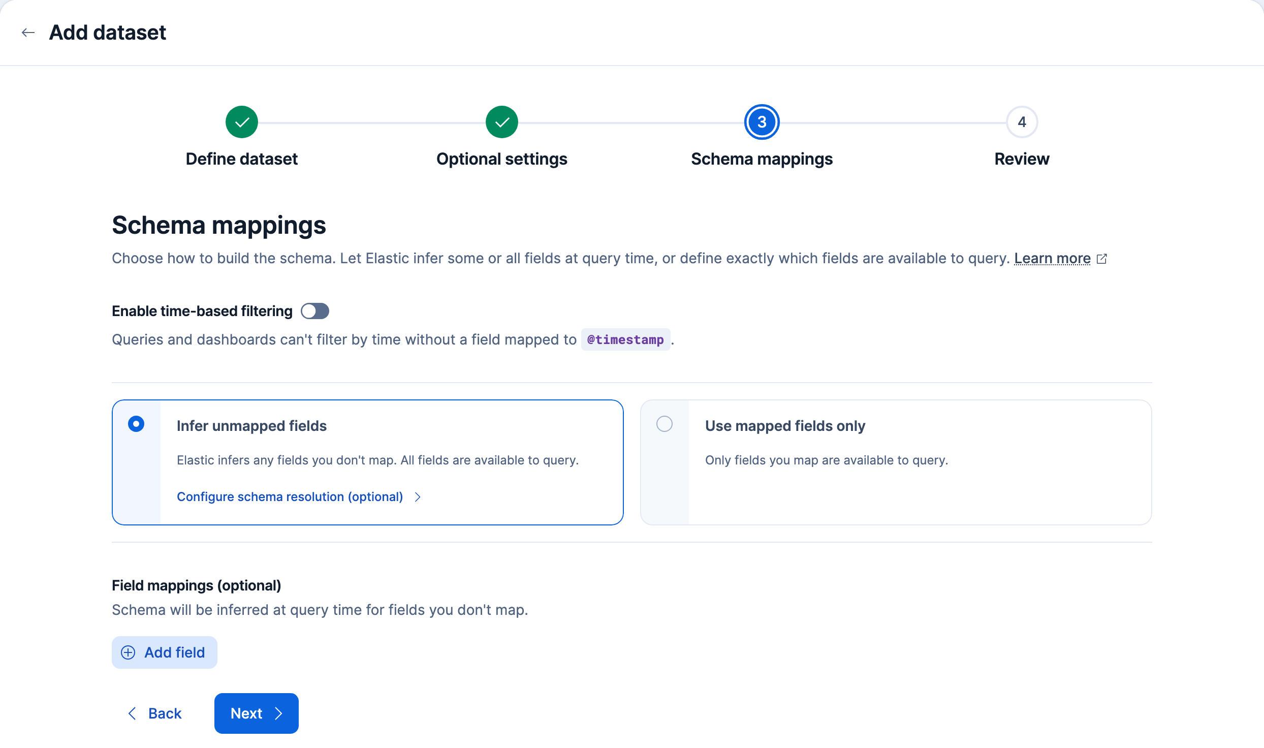 The Schema mappings step with Enable time-based filtering turned off and Infer unmapped fields selected