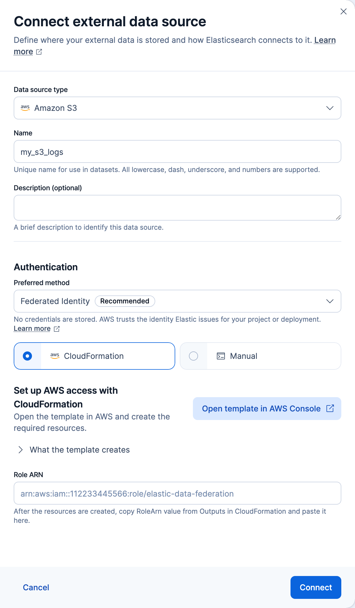 The Connect external data source flyout with Federated Identity and the CloudFormation setup method selected, showing the Open template in AWS Console button and the Role ARN field The Connect external data source flyout with Federated Identity and the CloudFormation setup method selected, showing the Open template in AWS Console button and the Role ARN field