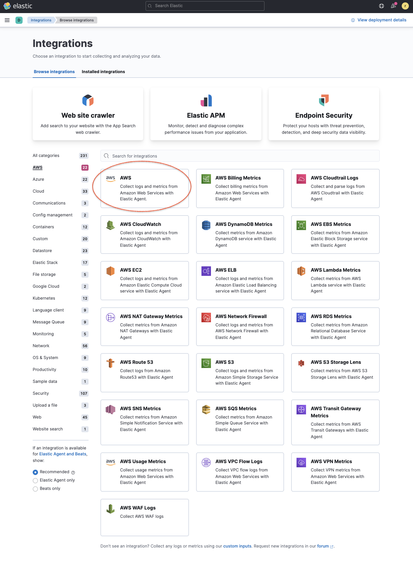 Find and install AWS integration assets in Kibana Find and install AWS integration assets in Kibana