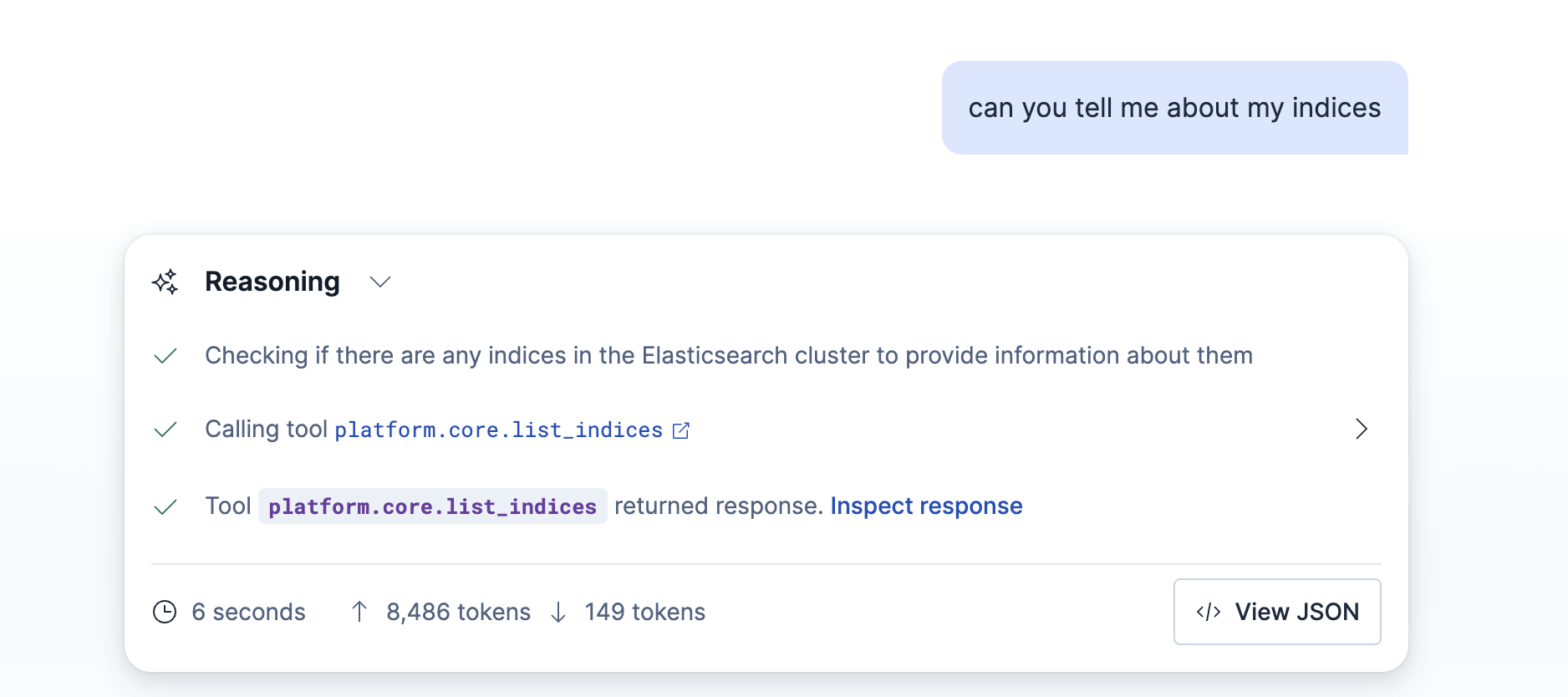 Reasoning panel showing a tool call, its Inspect response link, and the View JSON button