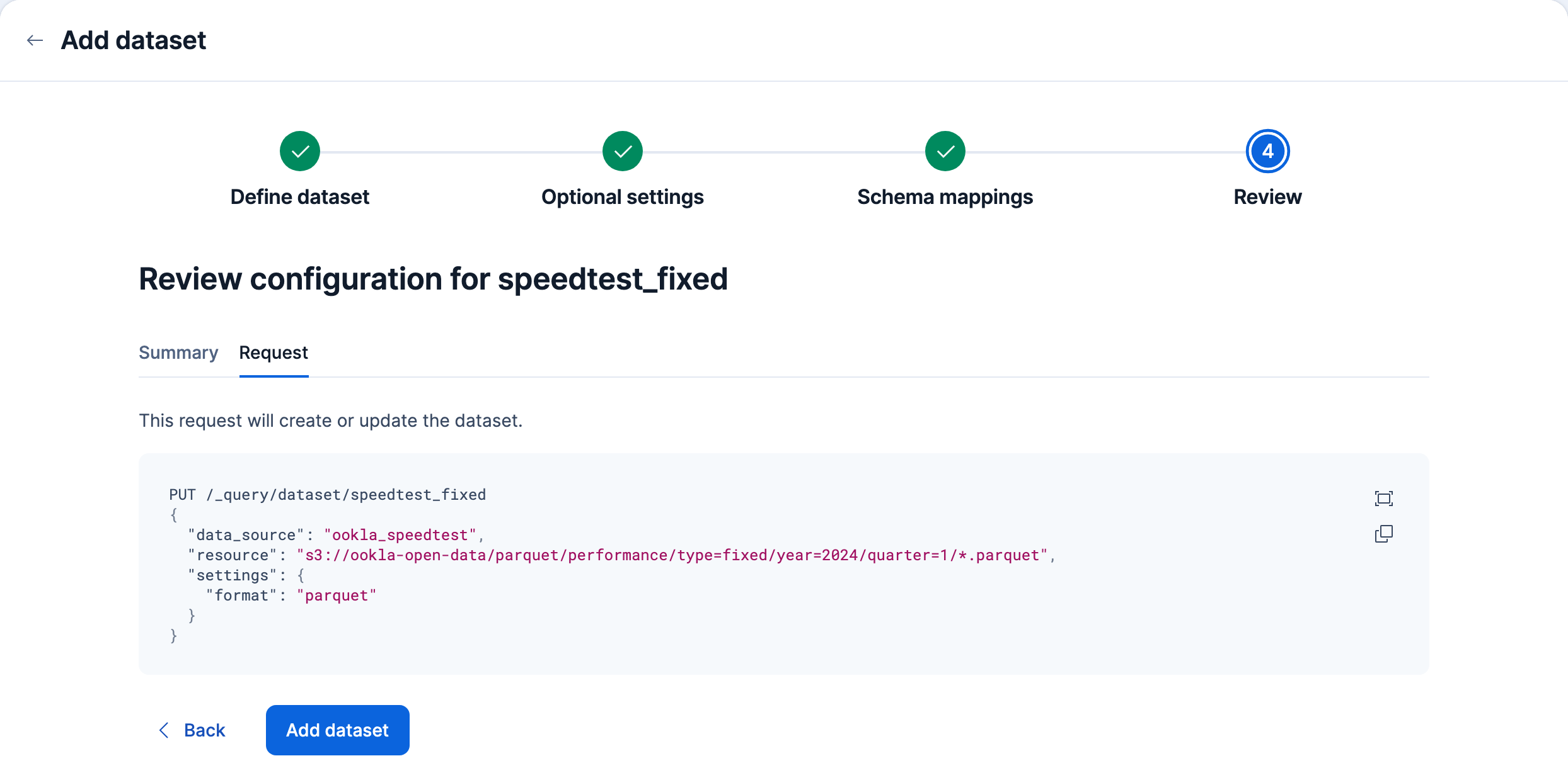 The Request tab on the Review step, showing the PUT request that creates the speedtest_fixed dataset
