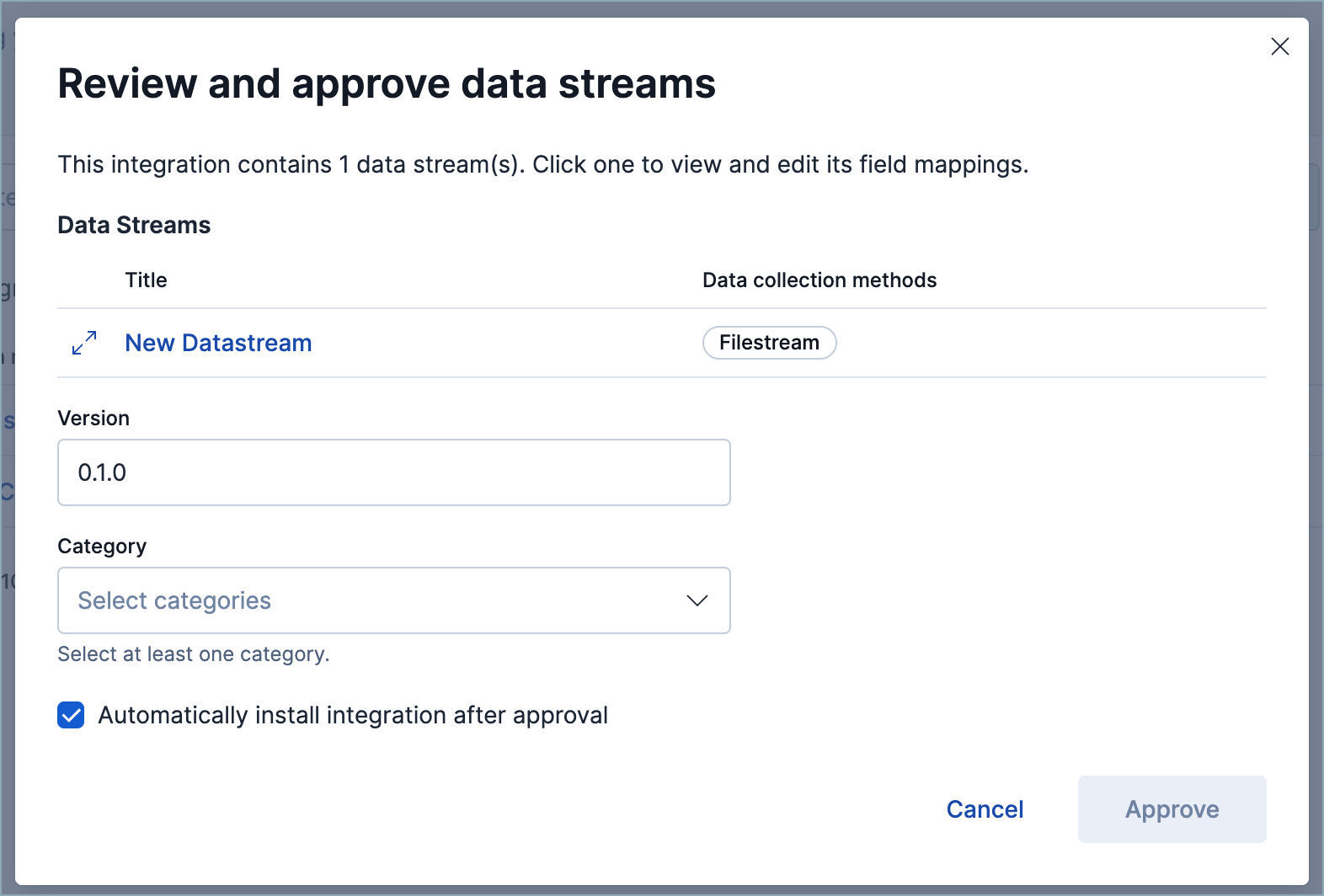 The Review and approve data streams modal with a category selector and an Approve button