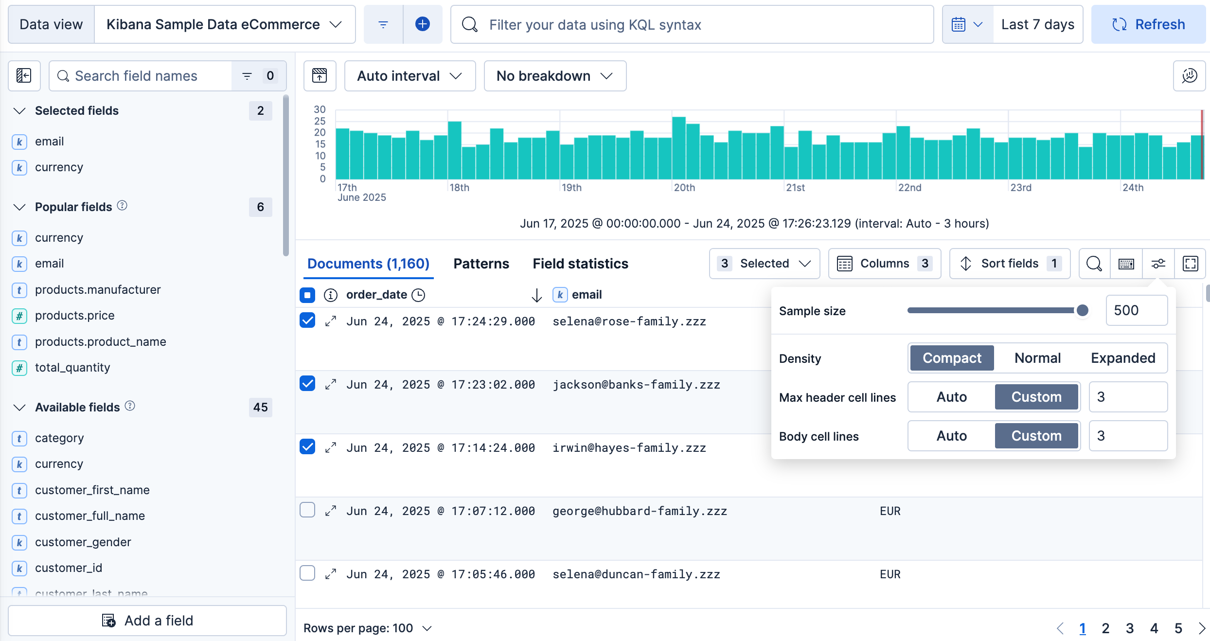 Options to customize the table in Discover Options to customize the table in Discover