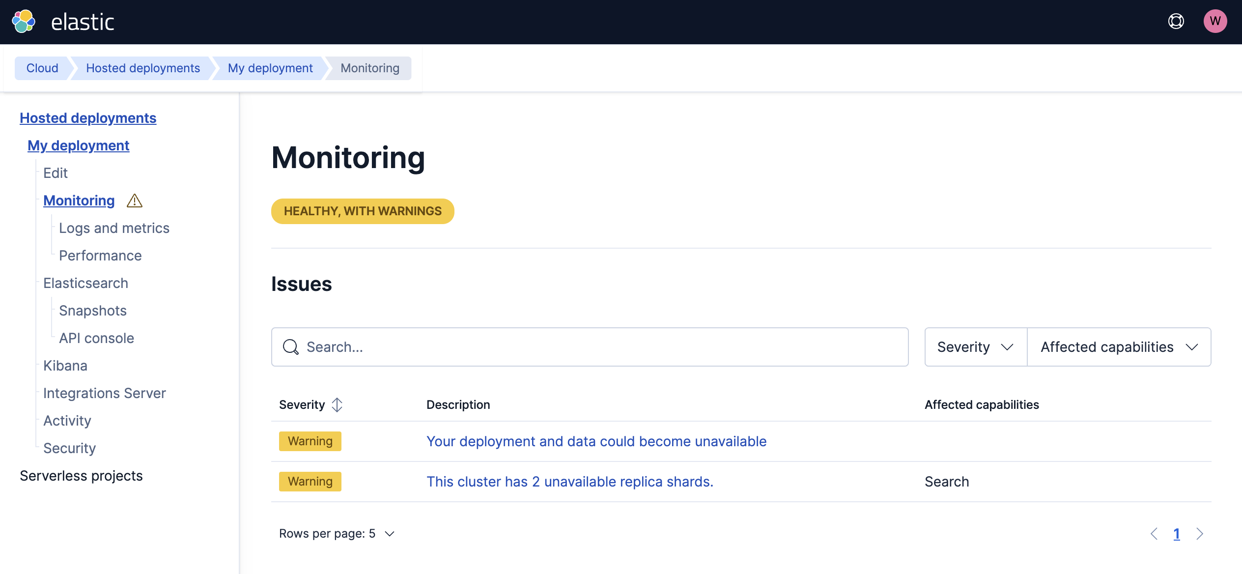 Elasticsearch Monitoring page
