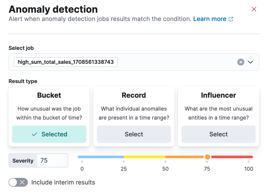 Selecting result type, severity, and interim results