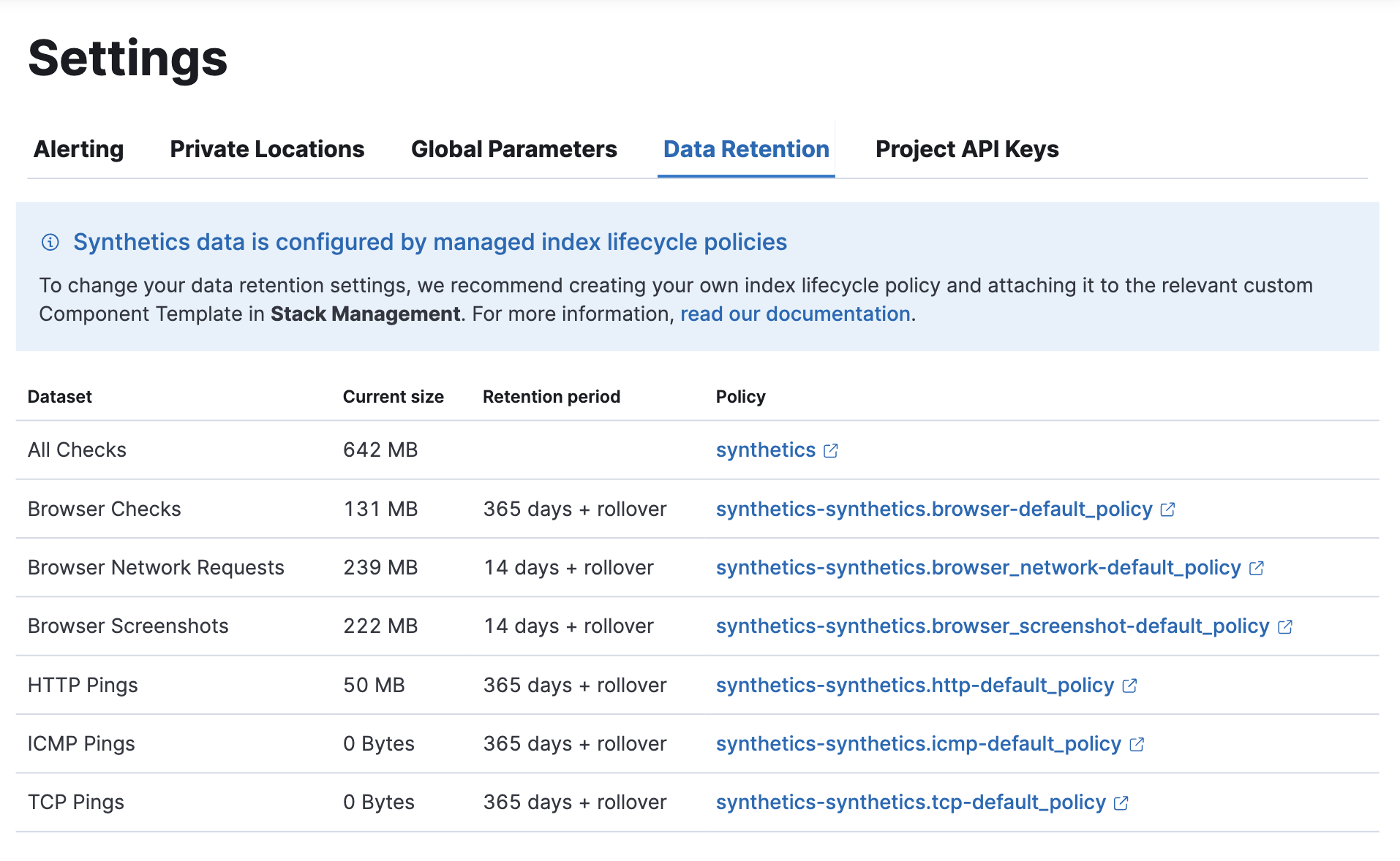 Data retention tab on the Synthetics Settings page in Kibana
