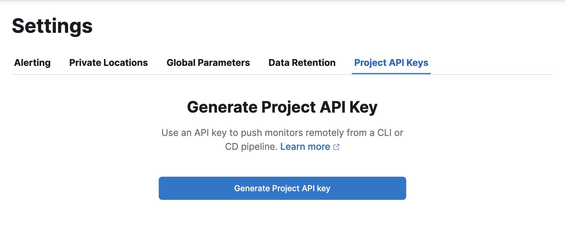 Project API keys tab on the Synthetics Settings page in Kibana