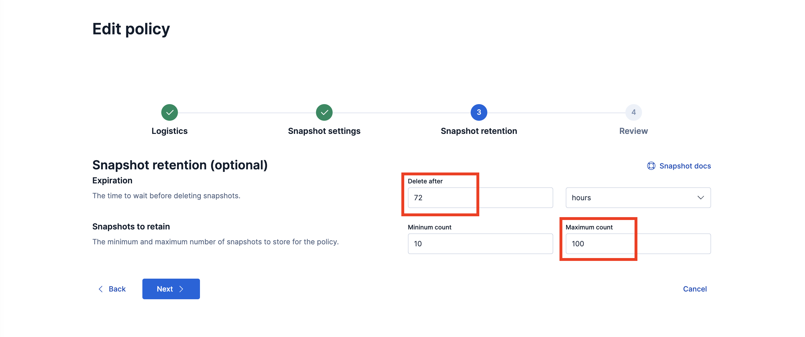 change snapshot retention