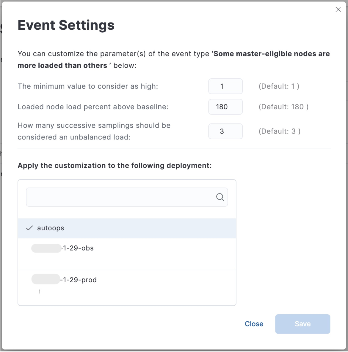 Screenshot showing the Event Settings dialogue in AutoOps