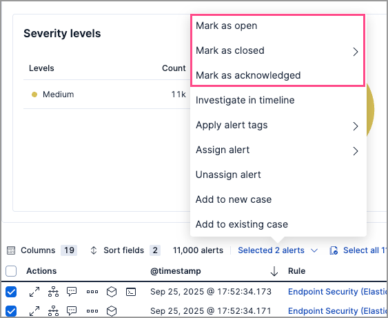Bulk action menu with multiple alerts selected