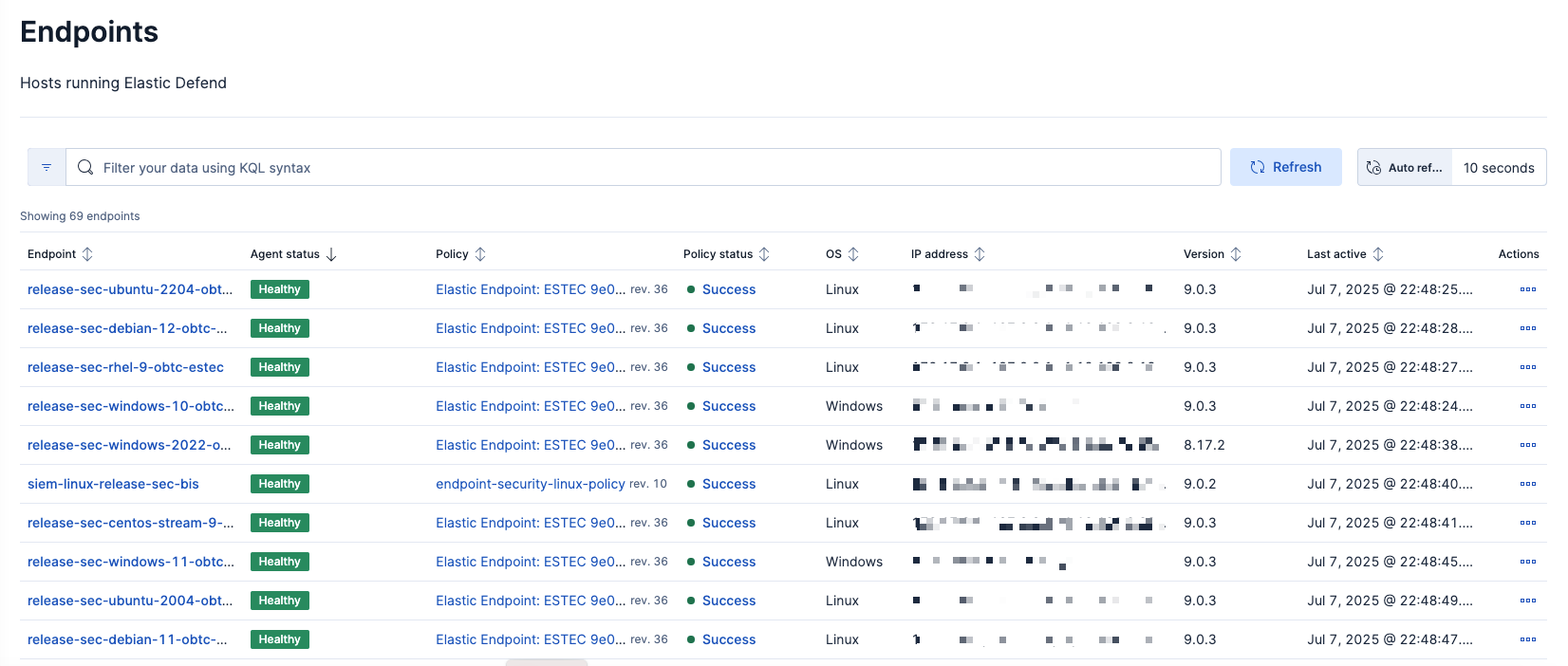 Endpoints page in Elastic Security