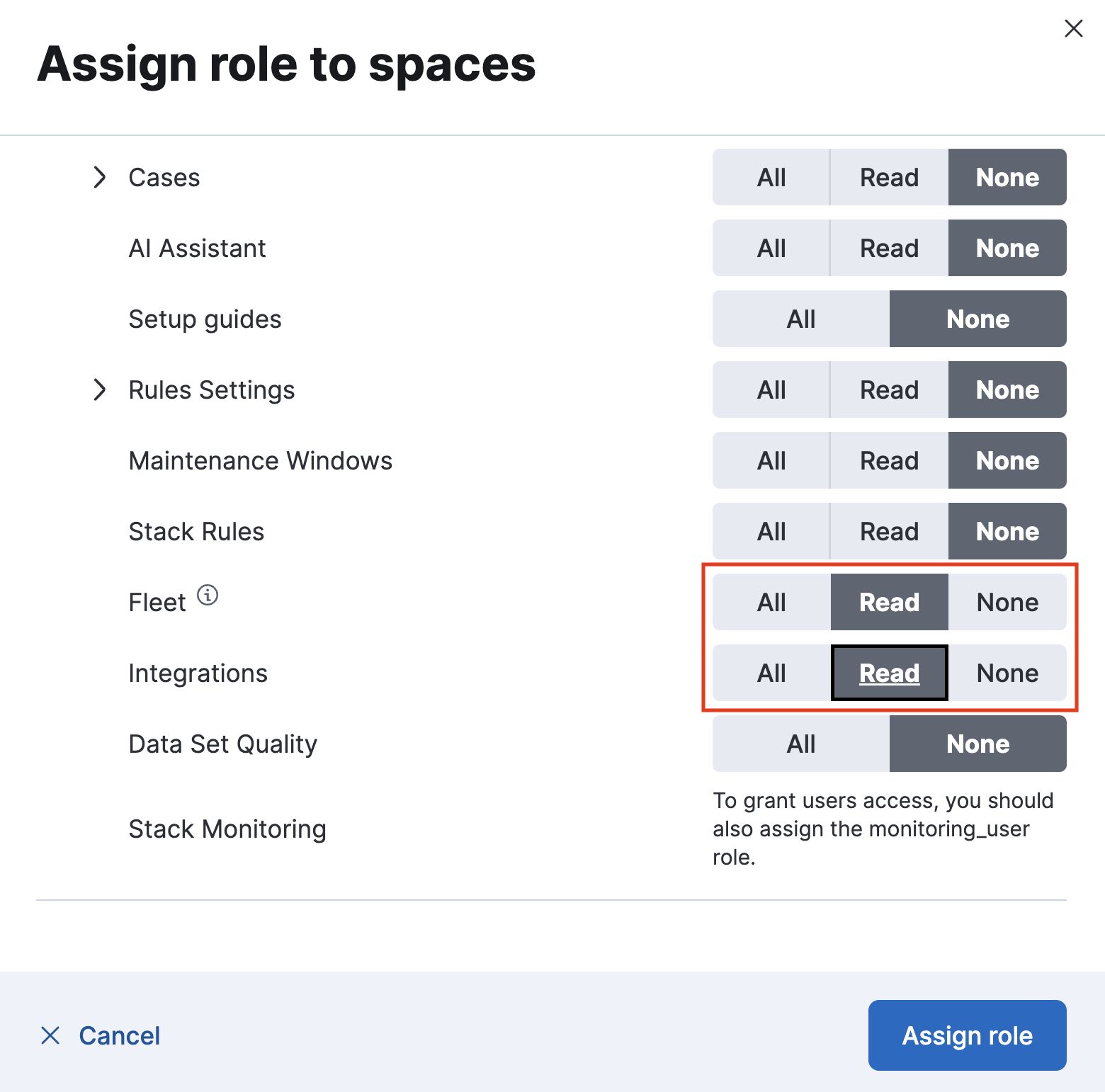 Kibana privileges flyout showing Fleet and Integrations access set to All