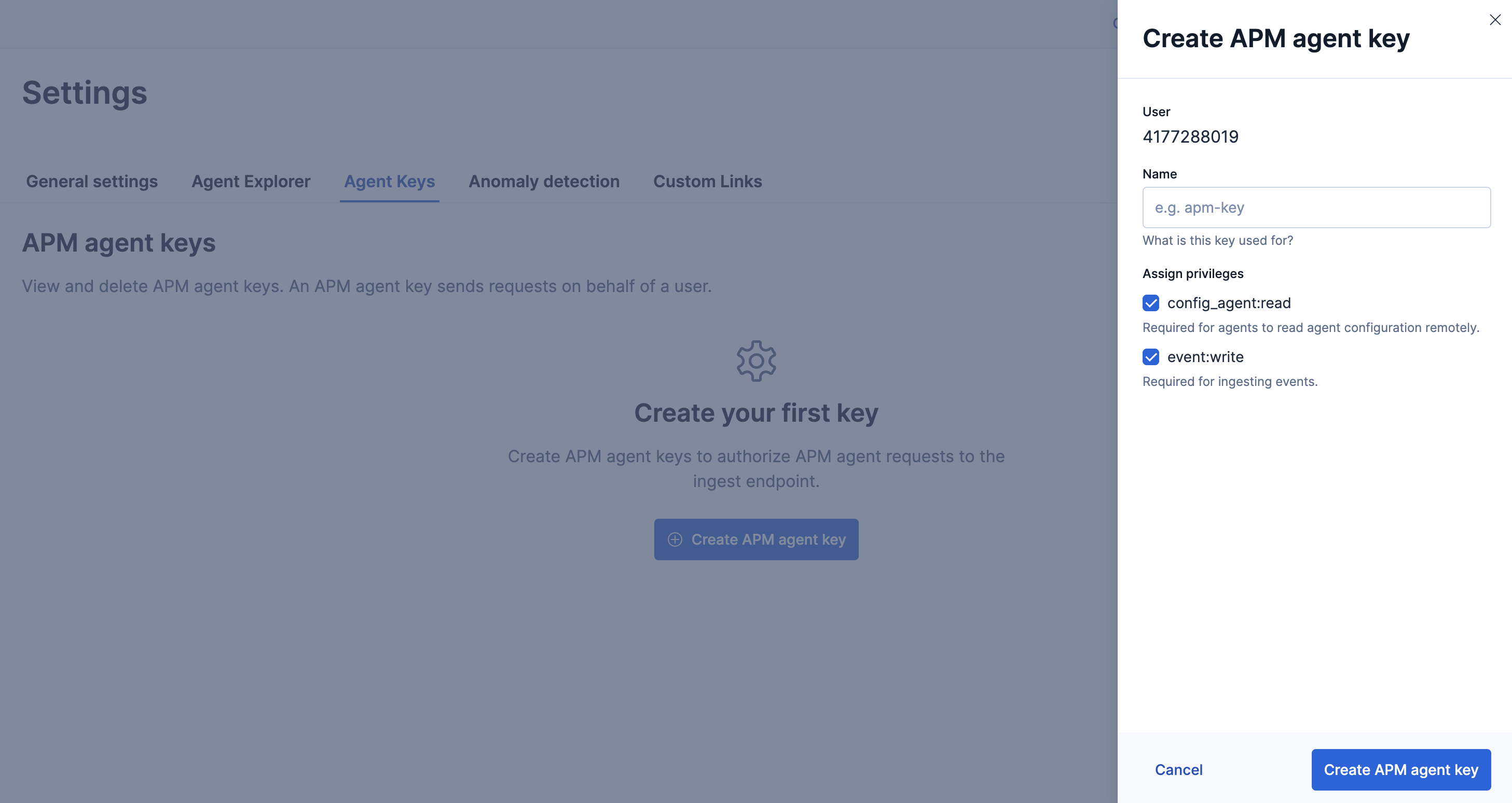 APM agent key creation
