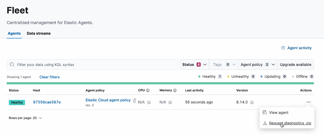 Fleet UI showing only the Agents and Data streams tabs