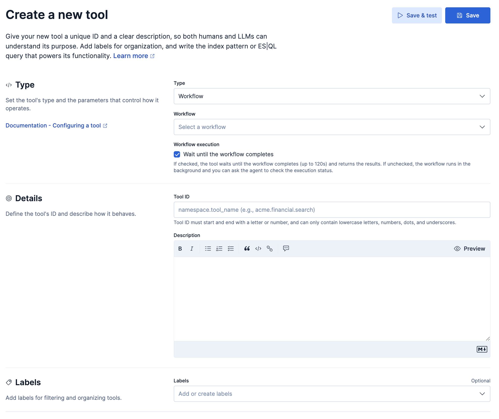 Screenshot of creating a new workflow tool.