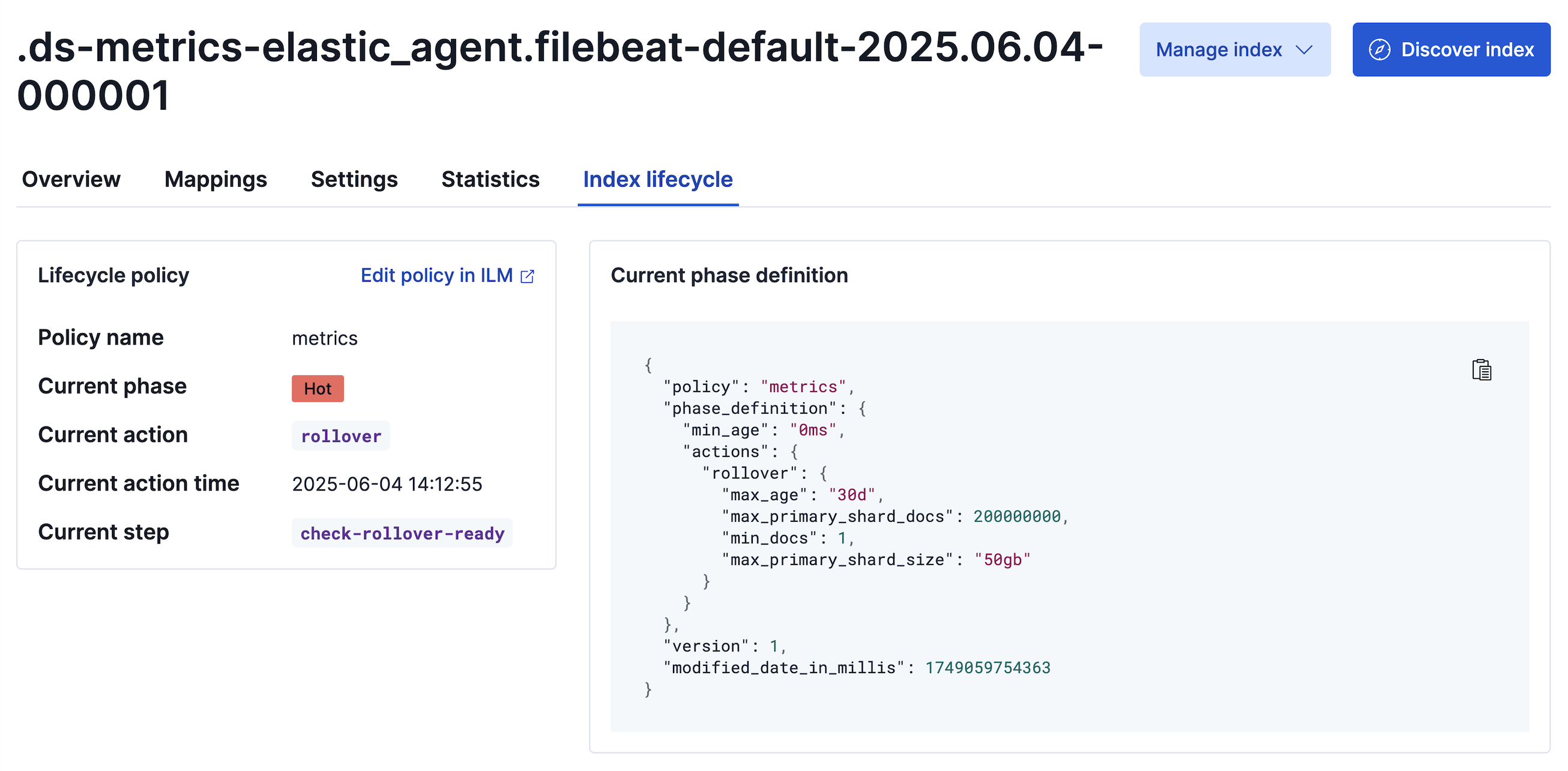 Index lifecycle status page