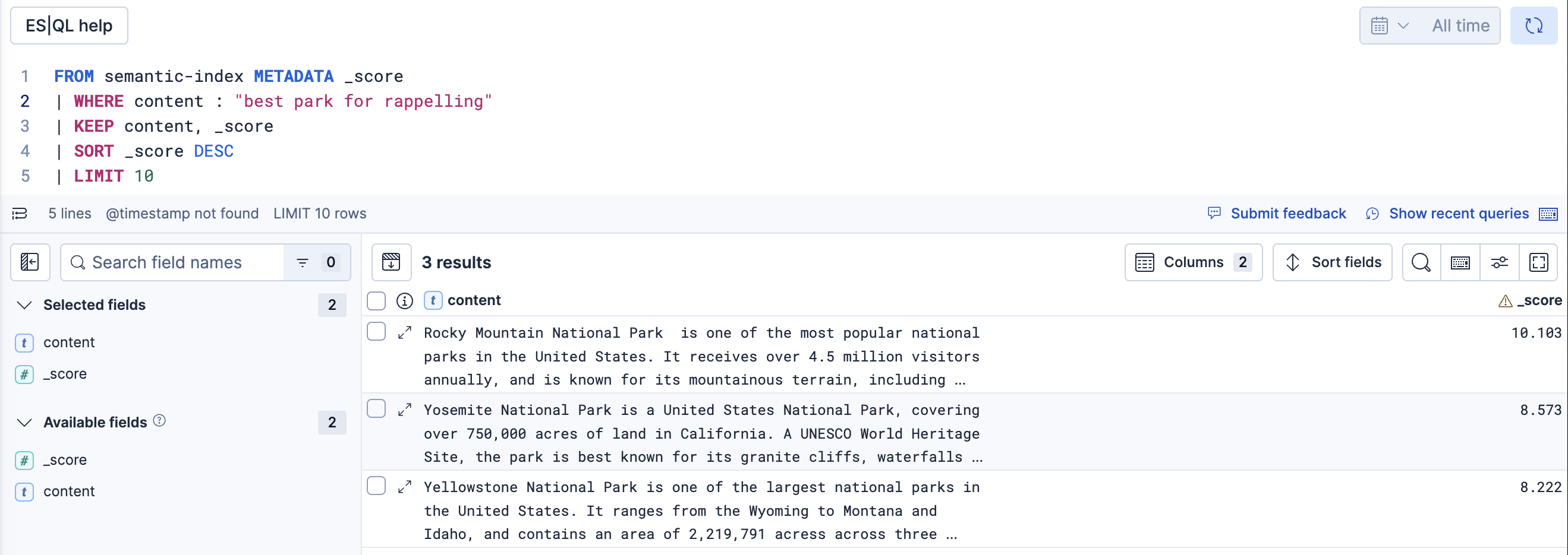 Run an ES|QL semantic query in Discover