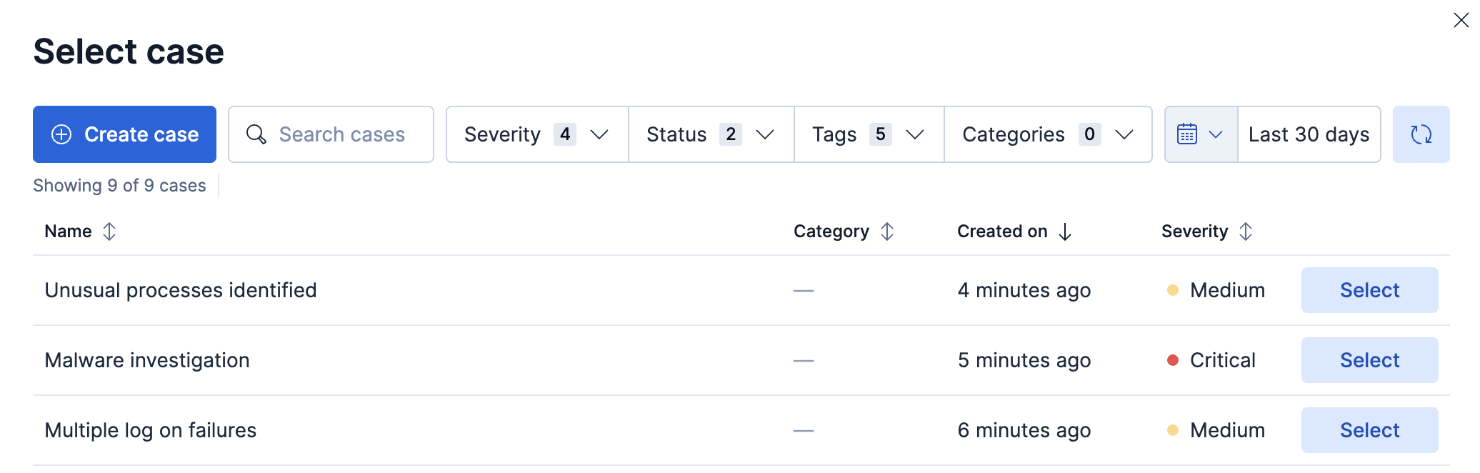 Select case dialog listing existing cases