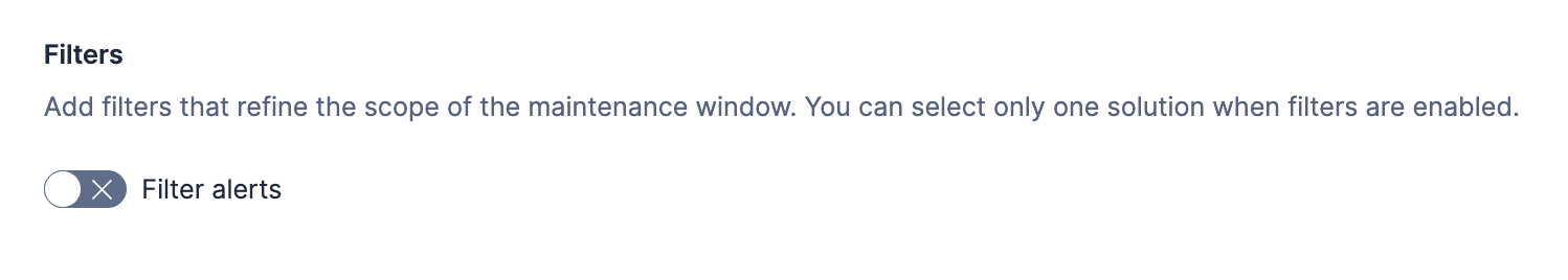 The Create Maintenance Window user interface in Kibana with alert filters turned on