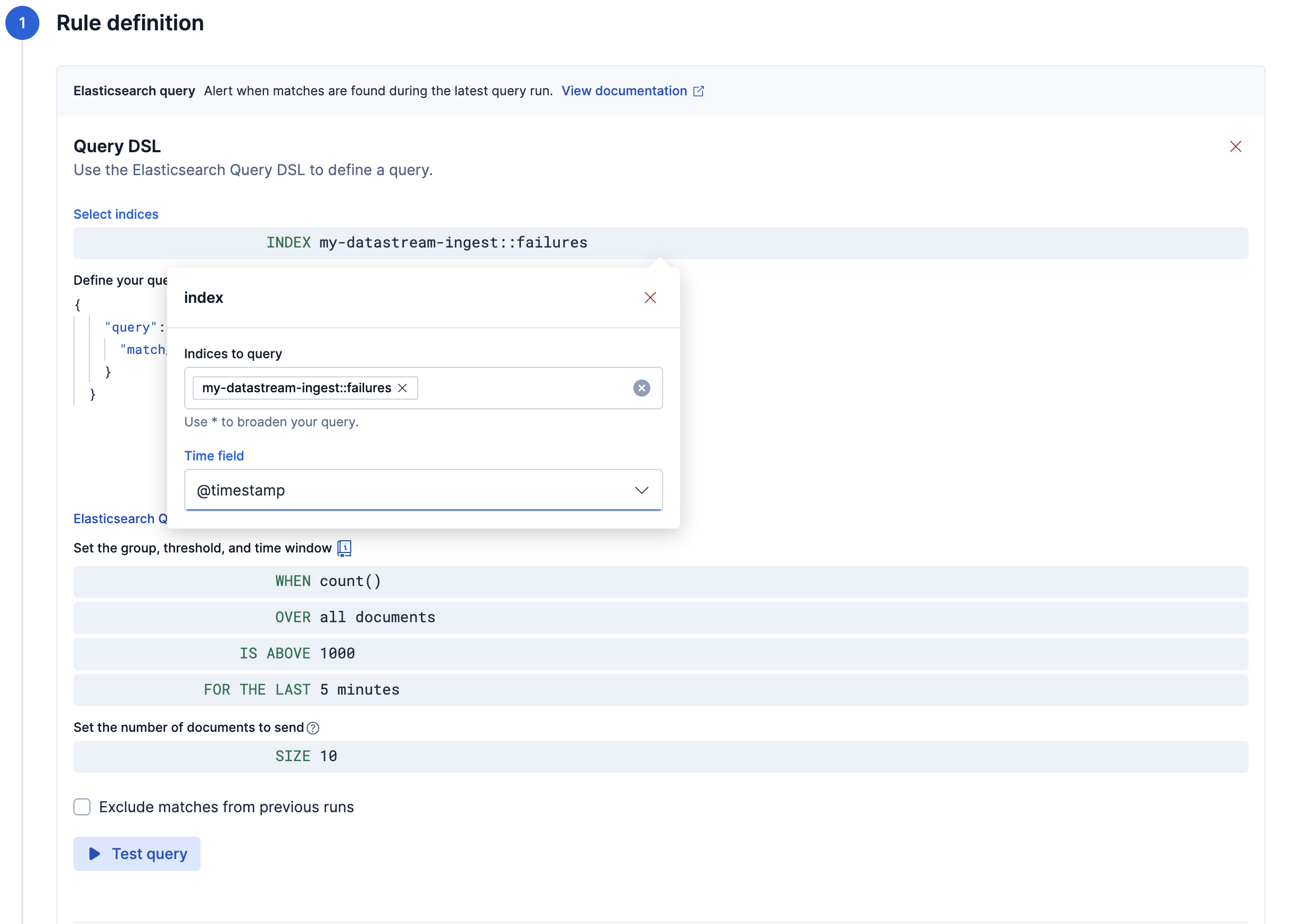 use the ::failures suffix in the data stream name in the query dsl