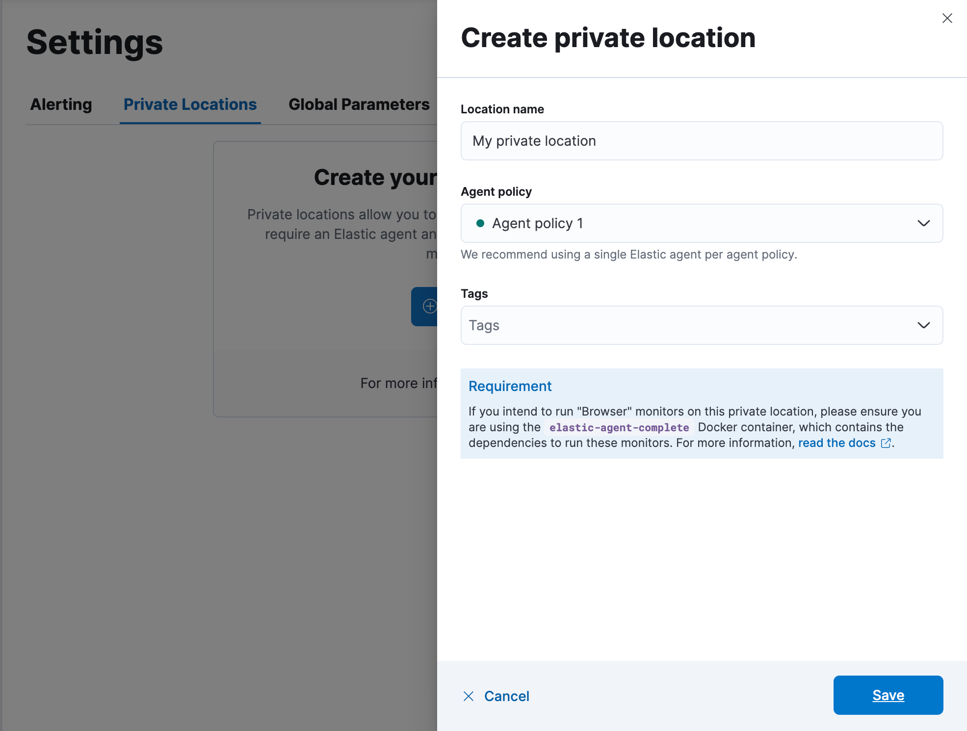 Private Locations tab on the Synthetics Settings page in Kibana