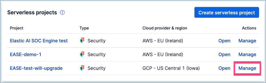 The cloud console showing an EASE project with the MANAGE button highlighted