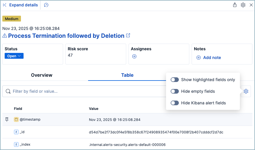 alert flyout table settings menu