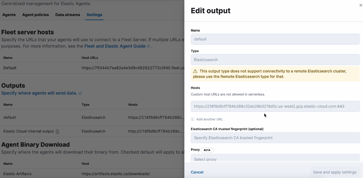 Fleet UI showing settings are non-editable
