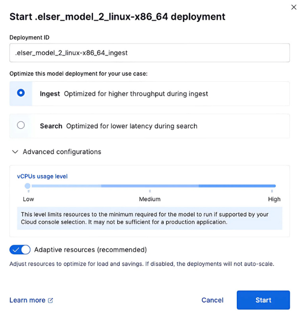 ELSER deployment with adaptive resources enabled.