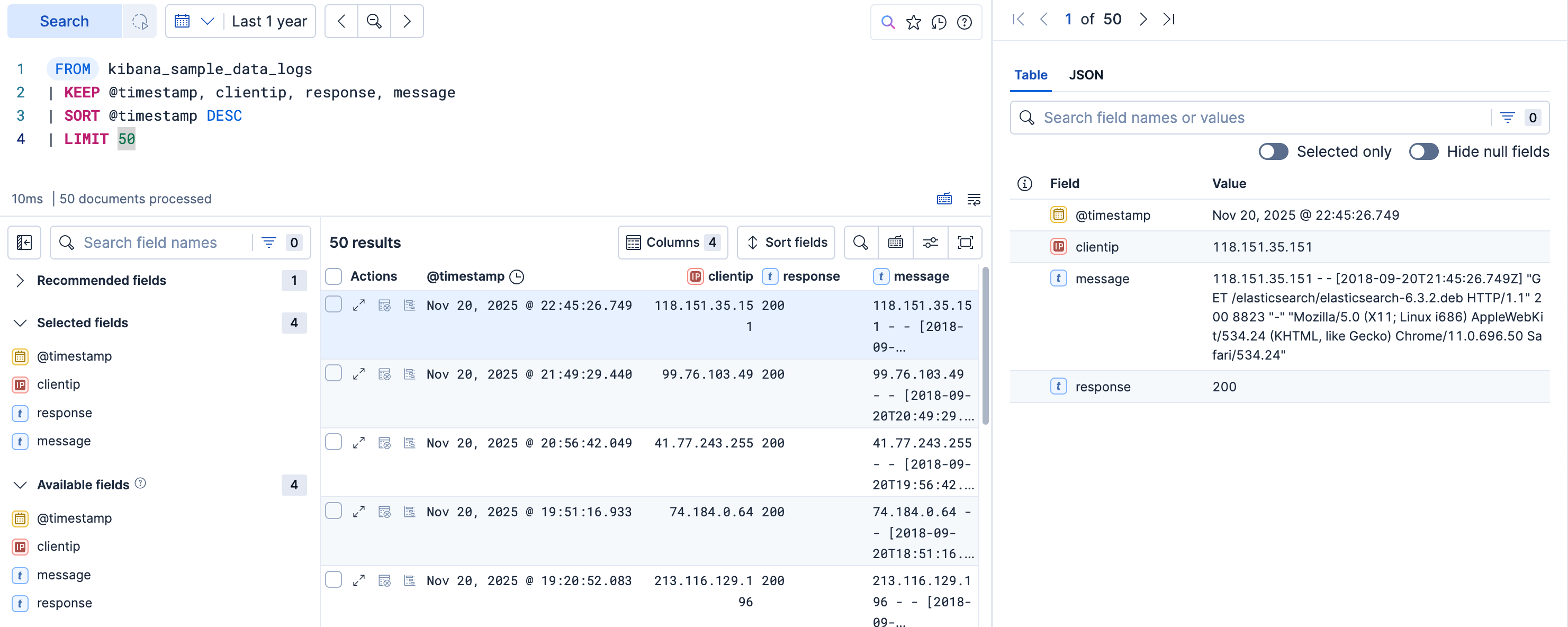 Document viewer flyout showing all fields for a single web log entry