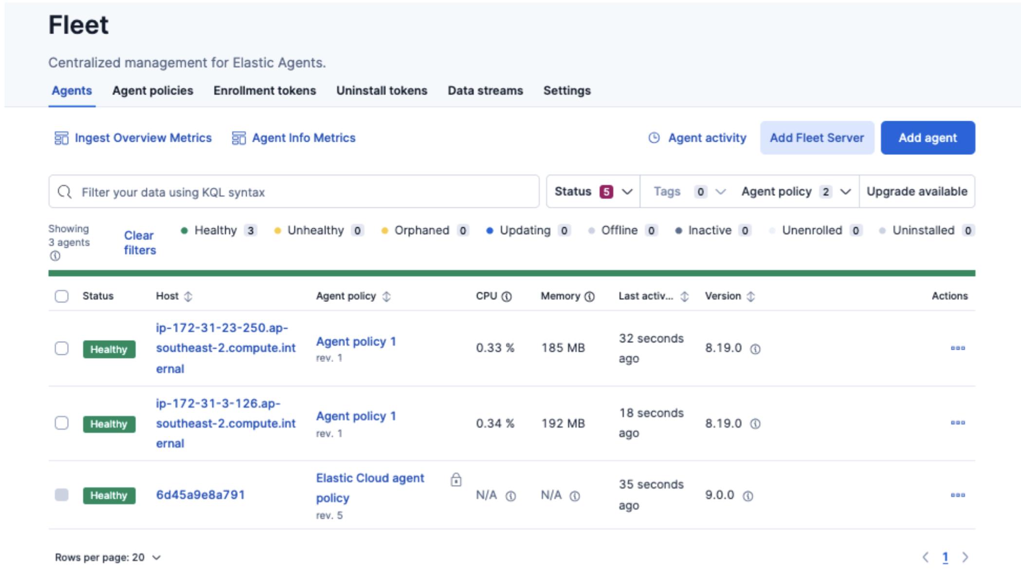 Elastic Agents Fleet page