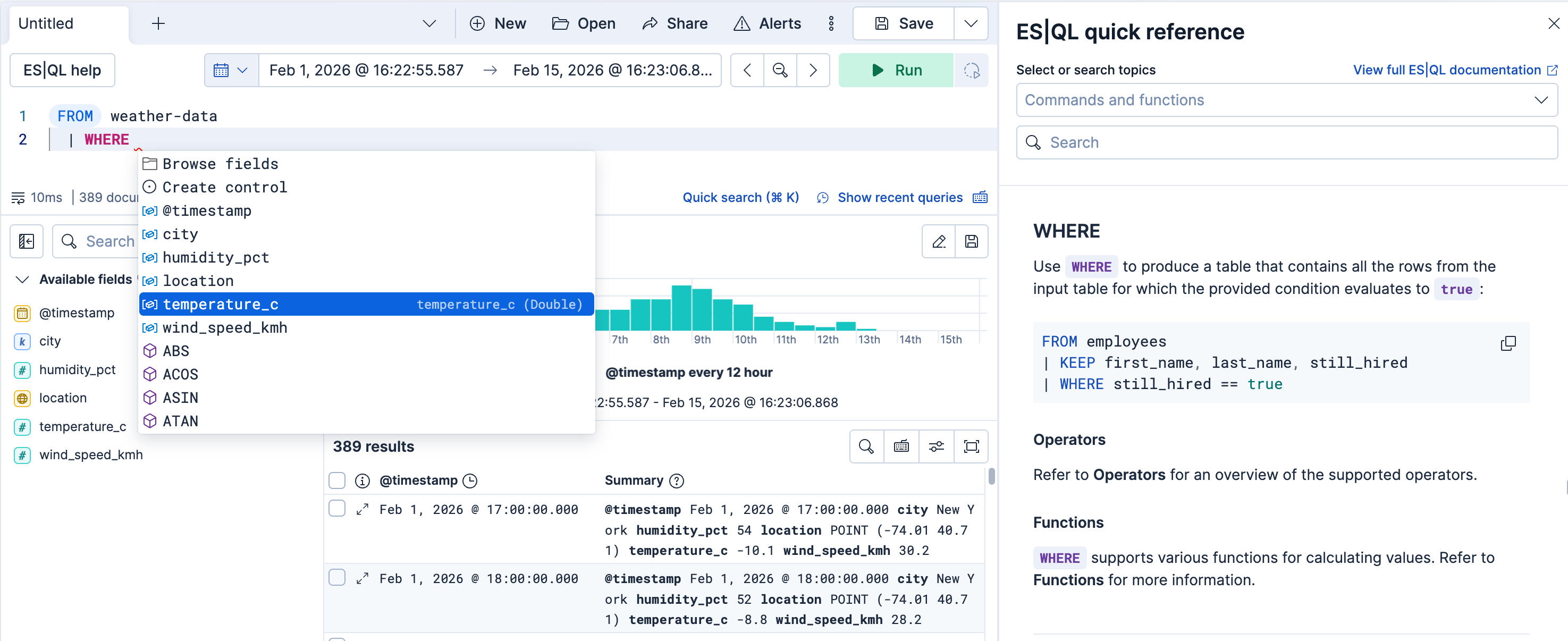 The ES|QL syntax reference and the autocomplete menu